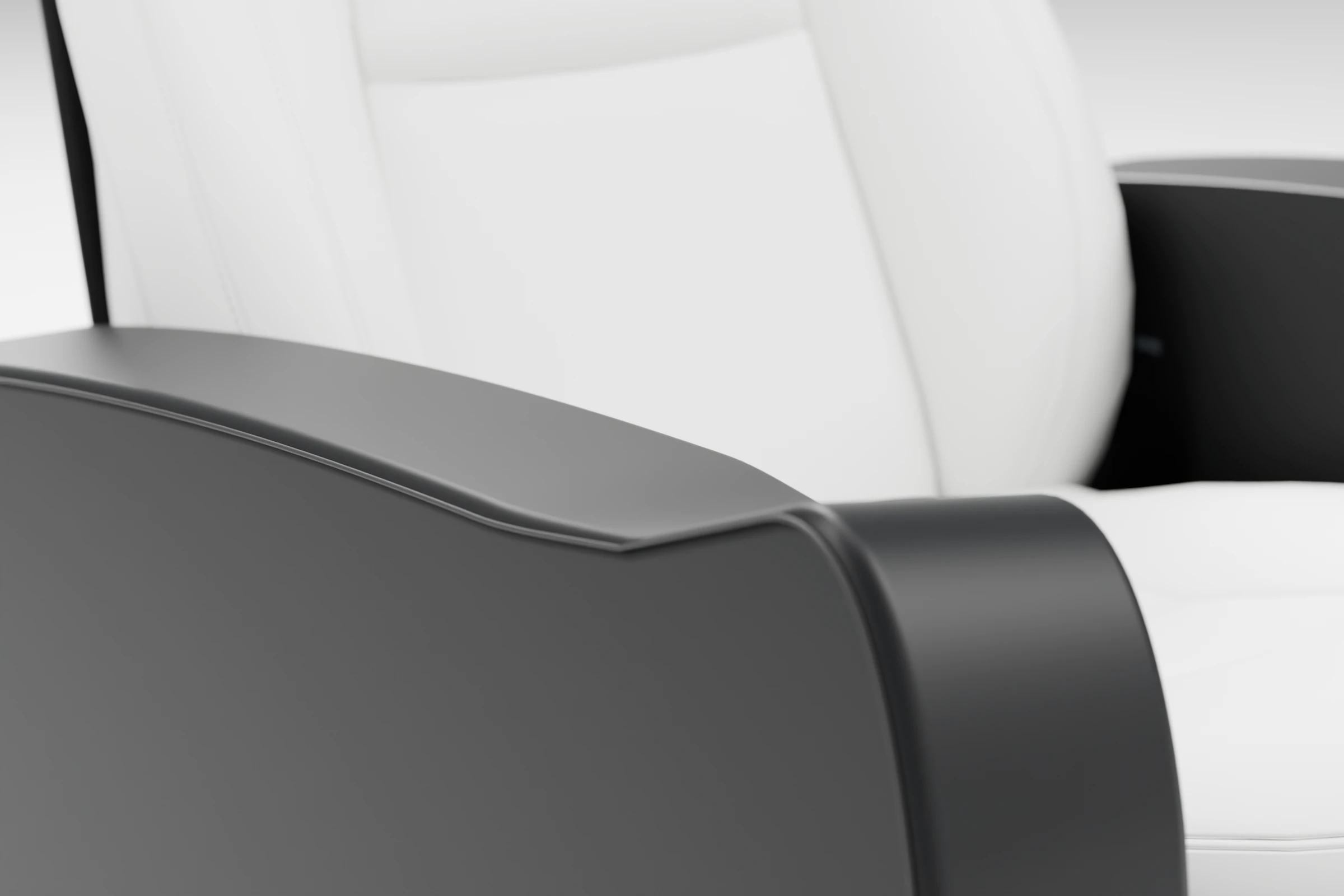 現行Blenderモデルの黒い肘置きと白いシートの曲面を近くから見た設計CG。